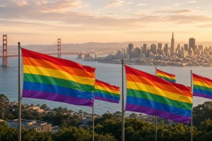 Rainbow Pride flags with the Golden Gate Bridge and San Francisco skyline at sunset.