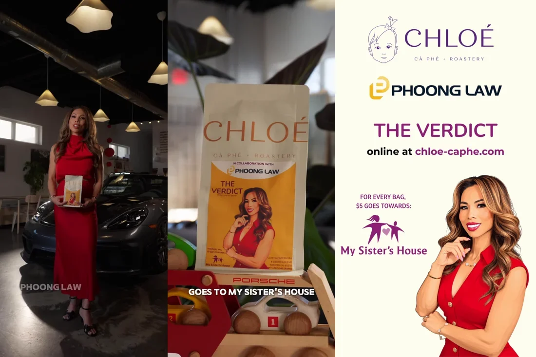 Anh Phoong with a bag of The Verdict coffee by Chloé Cà Phê & Roastery, benefiting My Sister's House